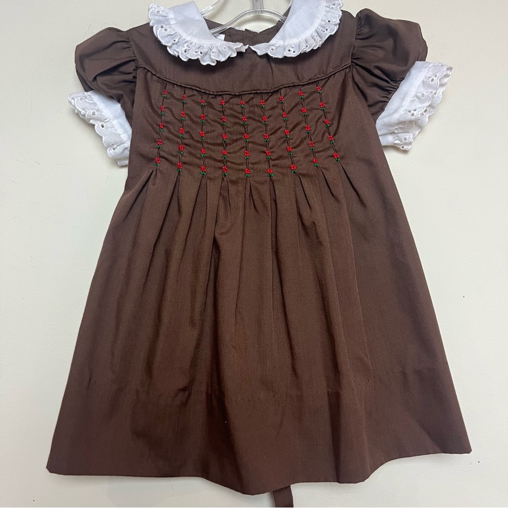 Vintage Polly Flinders Hand Smocked Baby Girls Brown Rosette Embroidered Dress